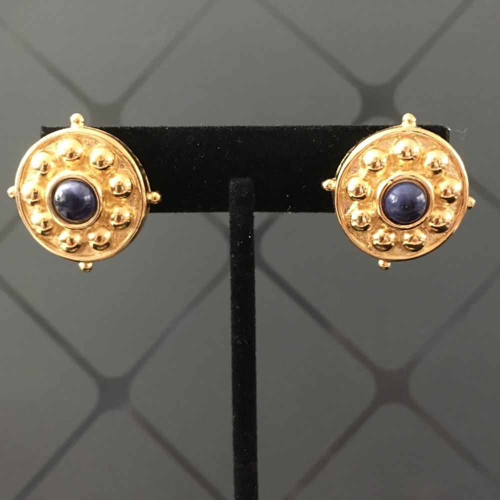 Gold Pierced Nautical Earrings -Navy/Black stones